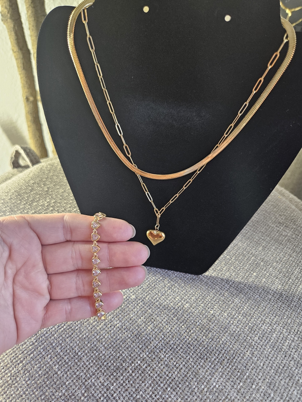 NWT 18K Gold Plated Layered Heart Snake Paperclip Necklace Pink Tennis Bracelet